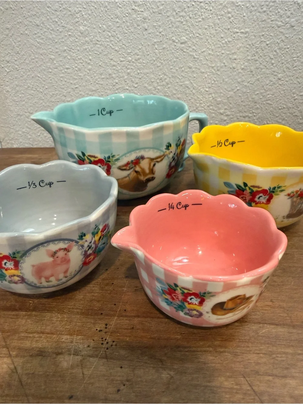 Pioneer Woman Farm Animal Stoneware Measuring Cups Set of 4 NWOT Floral Gingham